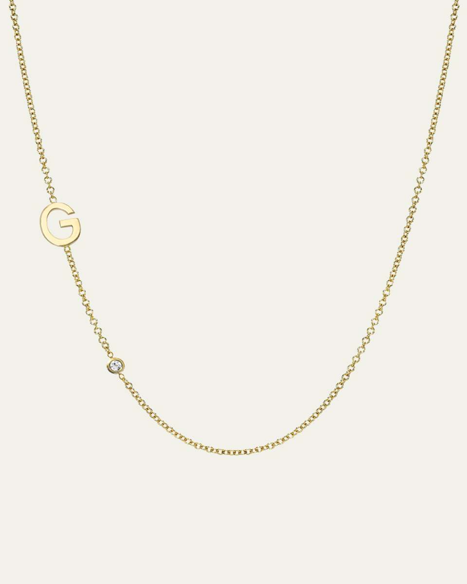 14k Gold Asymmetrical Initial and Bezel Diamond Necklace